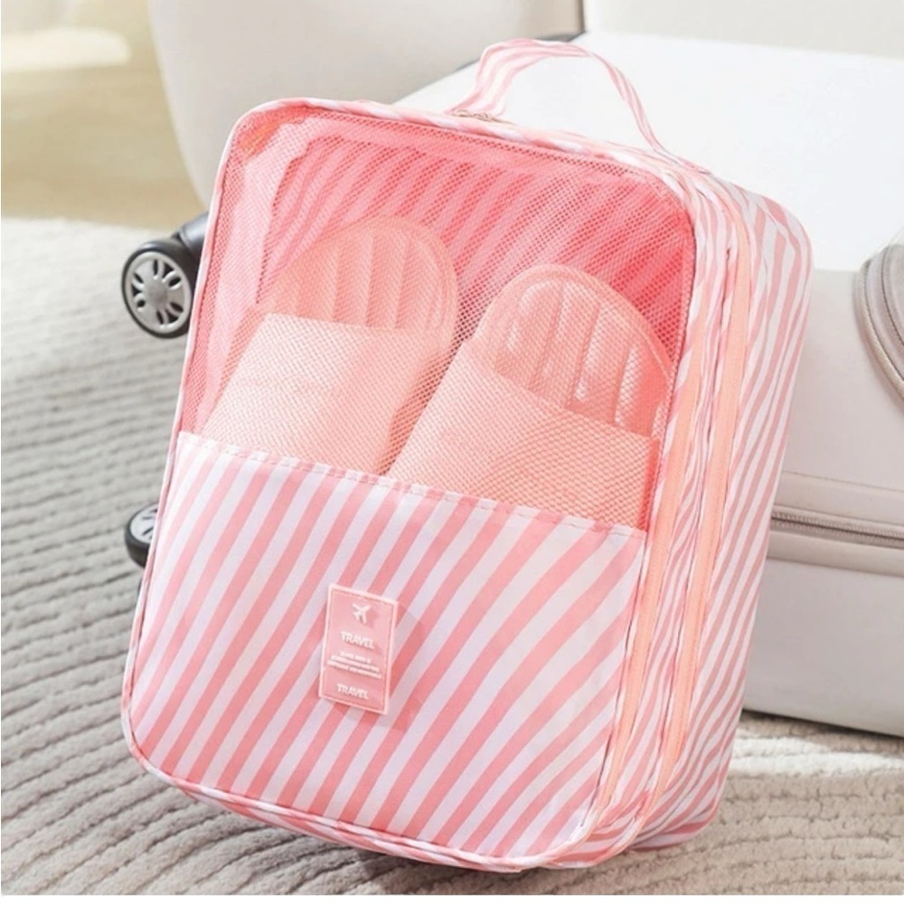 Shoe Bag PINK Striped Hold 3 Pairs Shoes Dsily use or Travel Bag Size 12x9 NWT